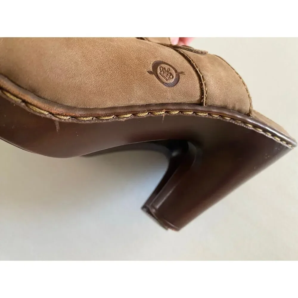 Born Suede Boho Fringe T-Strap Mules Heel Tan Size 9 Hippie Festival‎